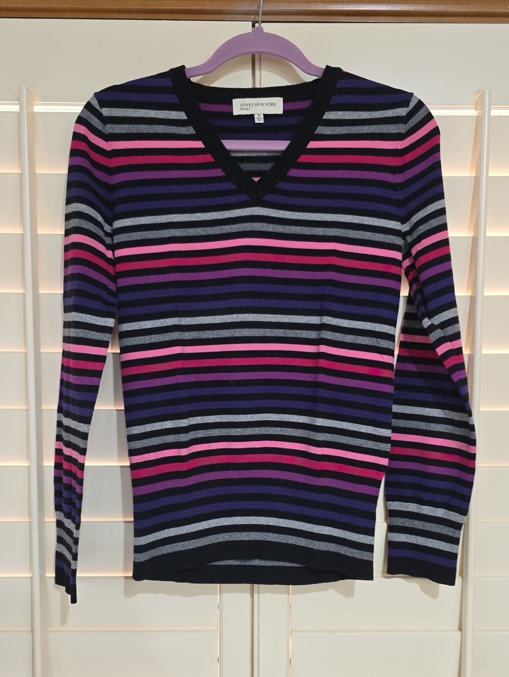 Jones New York Striped V-Neck Sweater in Pink, Purple, Gray & Black